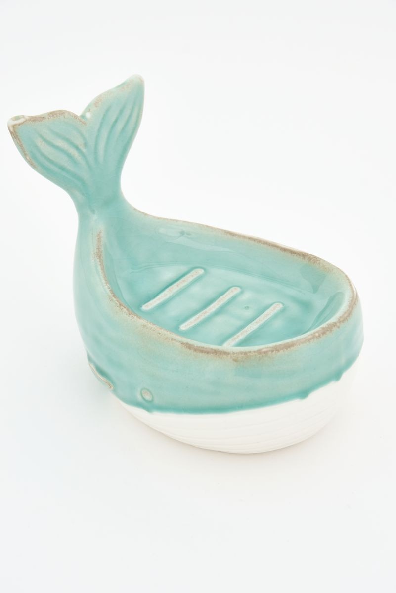 D7531 - Whale Soap Dish, Ceramic, Seafoam & Cream, L: 5.5" - W: 3.9" - H: 4.7" (x4)